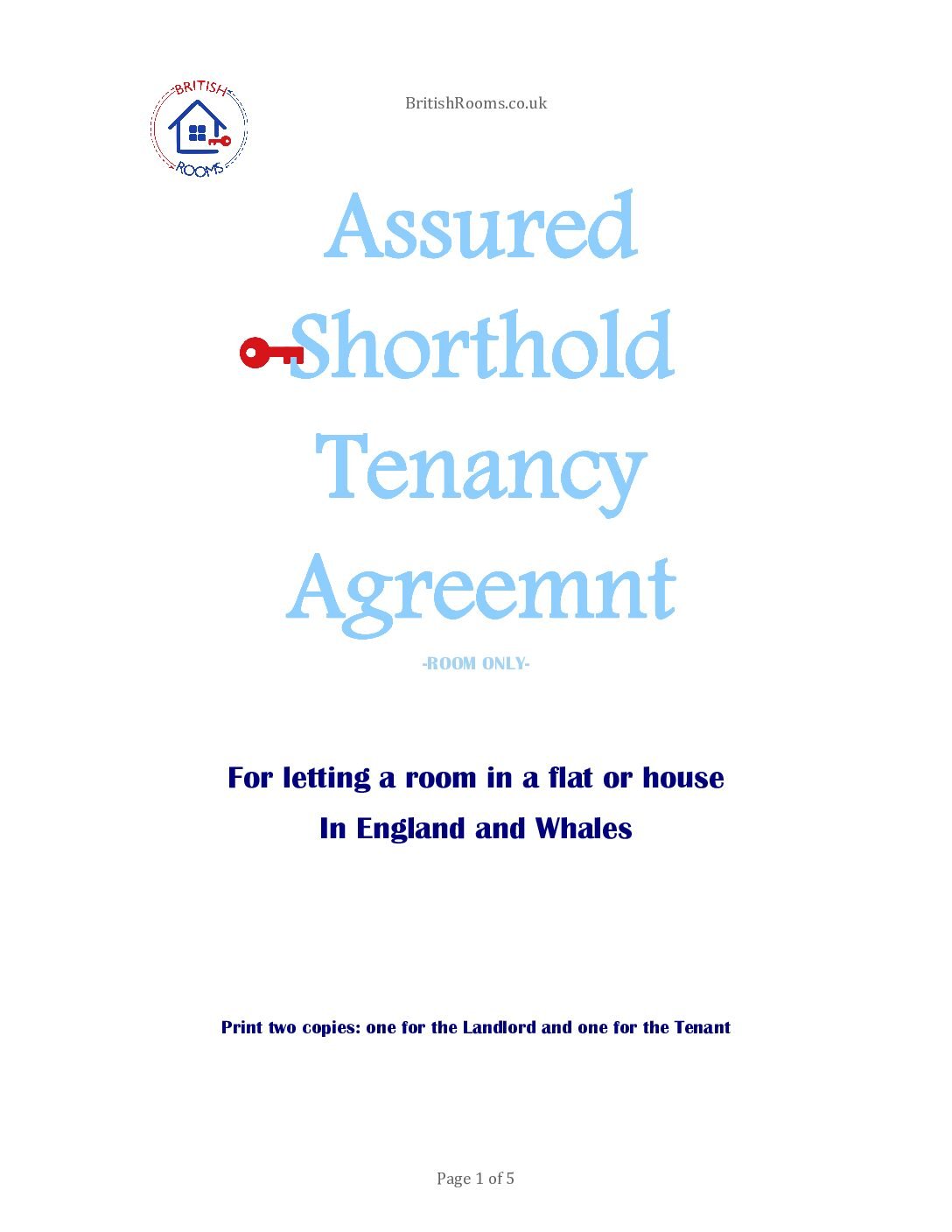 Assured Shorthold Tenancy Agreement - Room Only - England & Wales